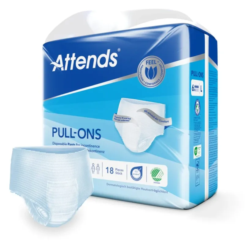 Ein Paket mit Attends Pull-Ons in Größe L, das auf einem weißen Hintergrund präsentiert wird. Die Packung zeigt ein ansprechendes Design in Blau und Grün, mit einem klaren Bild der Windelhose auf der Vorderseite. Der Schriftzug "Attends Pull-Ons" ist gut lesbar, zusammen mit der Größenangabe "L" und Hinweisen zur Saugfähigkeit. Die schützende Verpackung hebt die Produkteigenschaften hervor, darunter Komfort und Diskretion. Unten sind zusätzlich Symbole zu sehen, die die Gebrauchsanweisungen darstellen.
