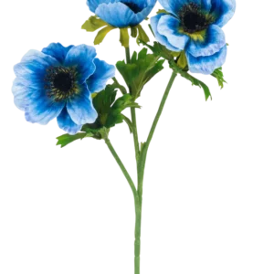 Die künstliche Blumen-Anemone doppelt 56 cm blau hat einen einzelnen grünen Stiel mit drei blauen Anemonenblüten und mehreren grünen Blättern, dargestellt vor einem schlichten weißen Hintergrund.