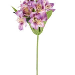 Eine einzelne künstliche Alstroemeria-Blume von 47 cm, lila Farbe, mit mehreren violetten Blüten mit rosa Flecken, grünen Blättern und einem grünen Stiel, fotografiert vor einem weißen Hintergrund.