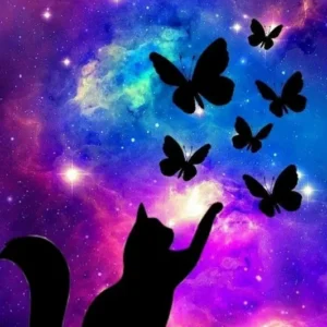 Diamond Painting Leuchtbild mit Katzen-Silhouette, die nach Schmetterlingen vor einem bunten Galaxie-Hintergrund greift.