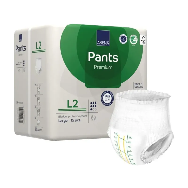 Abena Pants Premium sind hochwertige Inkontinenzprodukte, dargestellt in einem schlichten, weißen Design. Die Packung zeigt eine Abbildung der Pants mit einem leicht transparenten Sichtfenster, das die Produktdetails offenbart. Auf der Vorderseite sind Informationen zur Größe (Größe L) und zur Saugkraft abgebildet. Die Verpackung ist in verschiedenen Blautönen gehalten und informiert über die Vorteile der Produkte wie hohe Atmungsaktivität und Hygiene.