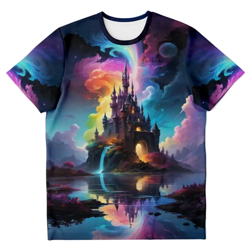 T-Shirt mit Zauberschloss-Motiv im Stil von Diamond Painting, bunte Galaxie-Farben und magische Schloss-Landschaft