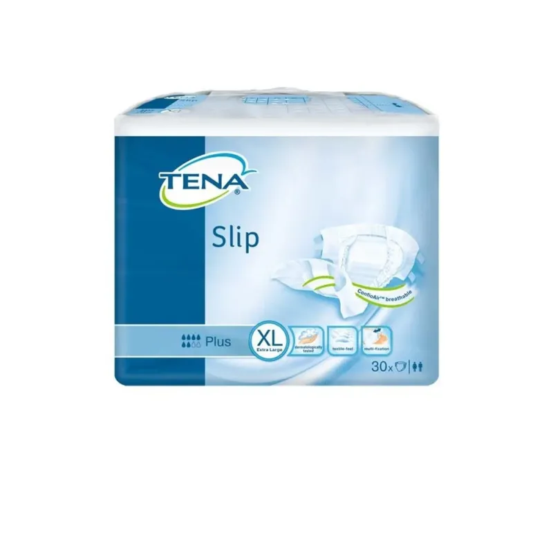 Ein Produktbild zeigt eine Packung von Tena Slip Plus in der Größe XL. Die Verpackung ist in hellem Blau und Weiß gehalten, mit einem großen, gut lesbaren Produktnamen in der oberen Hälfte. Auf der Vorderseite sind zusätzliche Informationen wie die Saugstärke und das Symbol für hohe Sicherheit dargestellt. Im unteren Bereich sind Abbildungen von einem menschlichen Modell in der richtigen Anwendung zu sehen. Der Hintergrund ist neutral, um die Packung hervorzuheben.